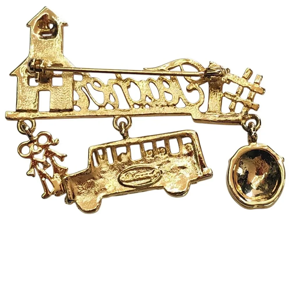 #1 Teacher School Brooch Lapel Pin 3 Charms Apple Bus Kids Gold Red Vintage 80s